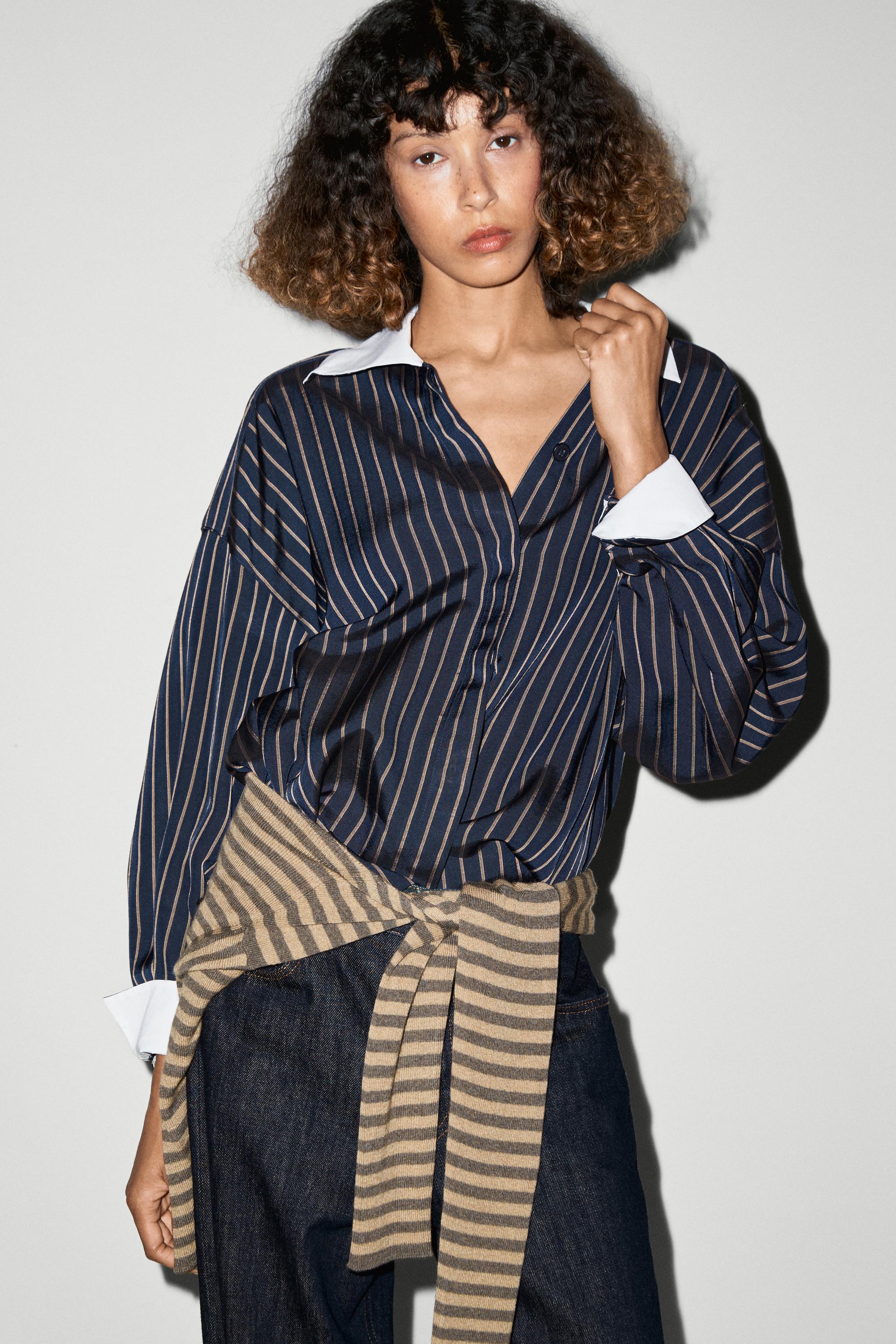 Striped contrast collar shirt — Navy blue