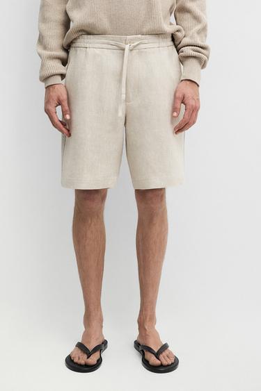 Zara Linen Bermuda shorts with elasticated waistband - Ecru