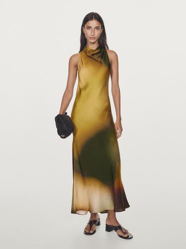 Vestido largo cuello halter estampado - Aceite de Zara