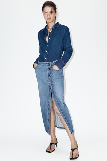 Zara Z1975 WRAP DENIM SKIRT - Mid-blue