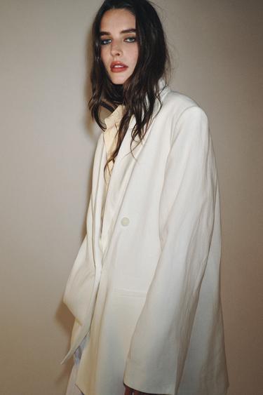 Zara ZW COLLECTION LINEN BLEND DOUBLE BREASTED BLAZER - Ecru