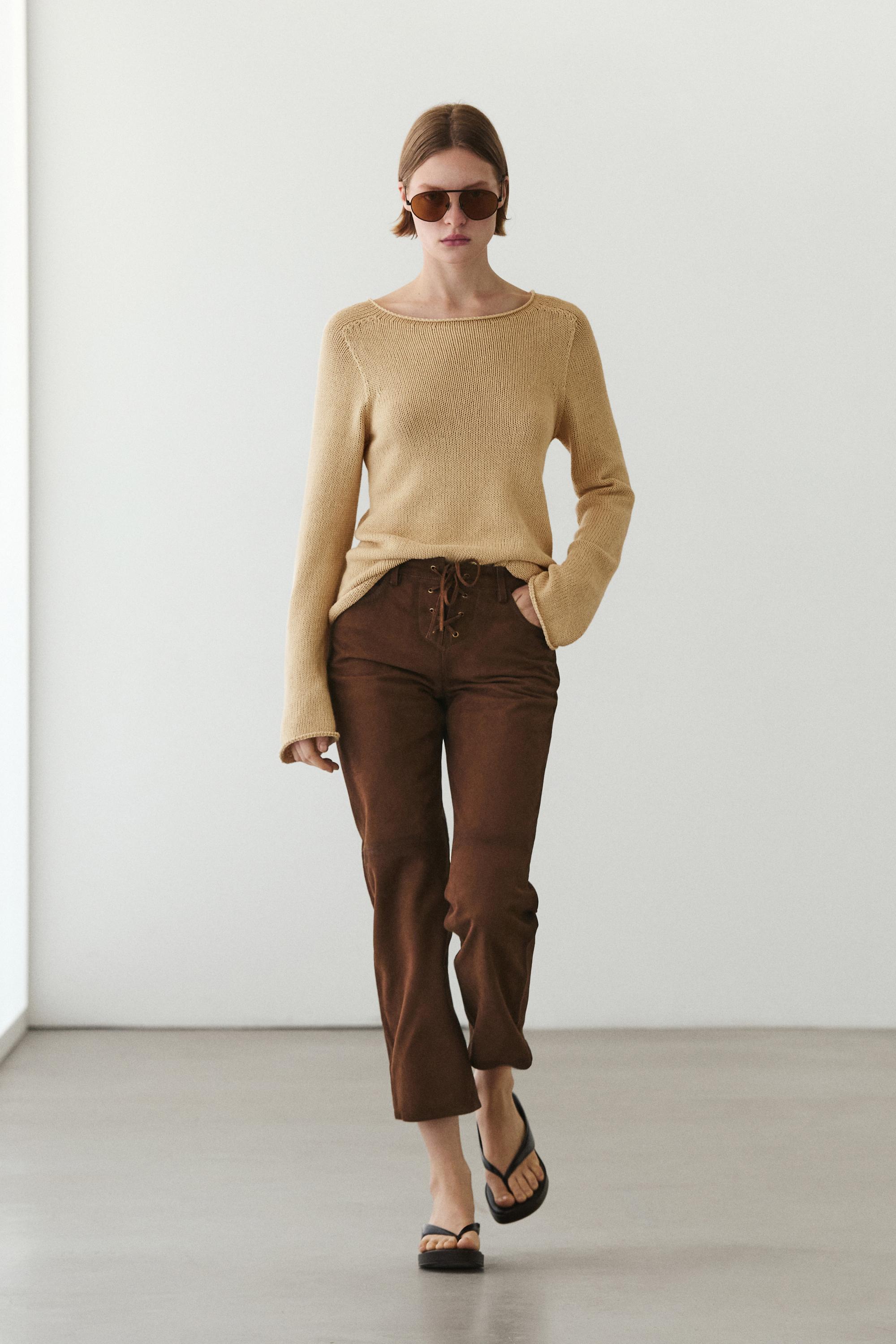 Cropped suede leather trousers with drawstrings — Brown