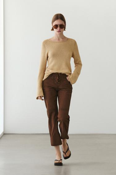 Zara Cropped suede leather trousers with drawstrings - Brown