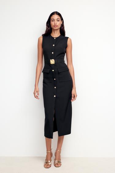 ROBE MIDI EN CRÊPE AVEC CEINTURE - Noir de Zara - Image 0