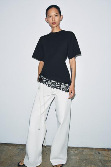 ФУТБОЛКА ИЗ ПЛОТНОГО ХЛОПКА С КРУЖЕВОМ — ЧЕРНЫЙ от Zara