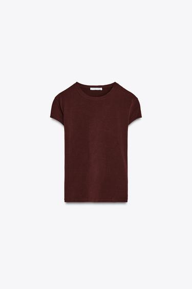 Zara SLIM FIT SHORT SLEEVE T-SHIRT - Burgundy