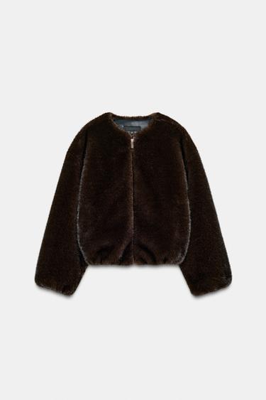 Zara FAUX FUR BOMBER JACKET - Dark brown