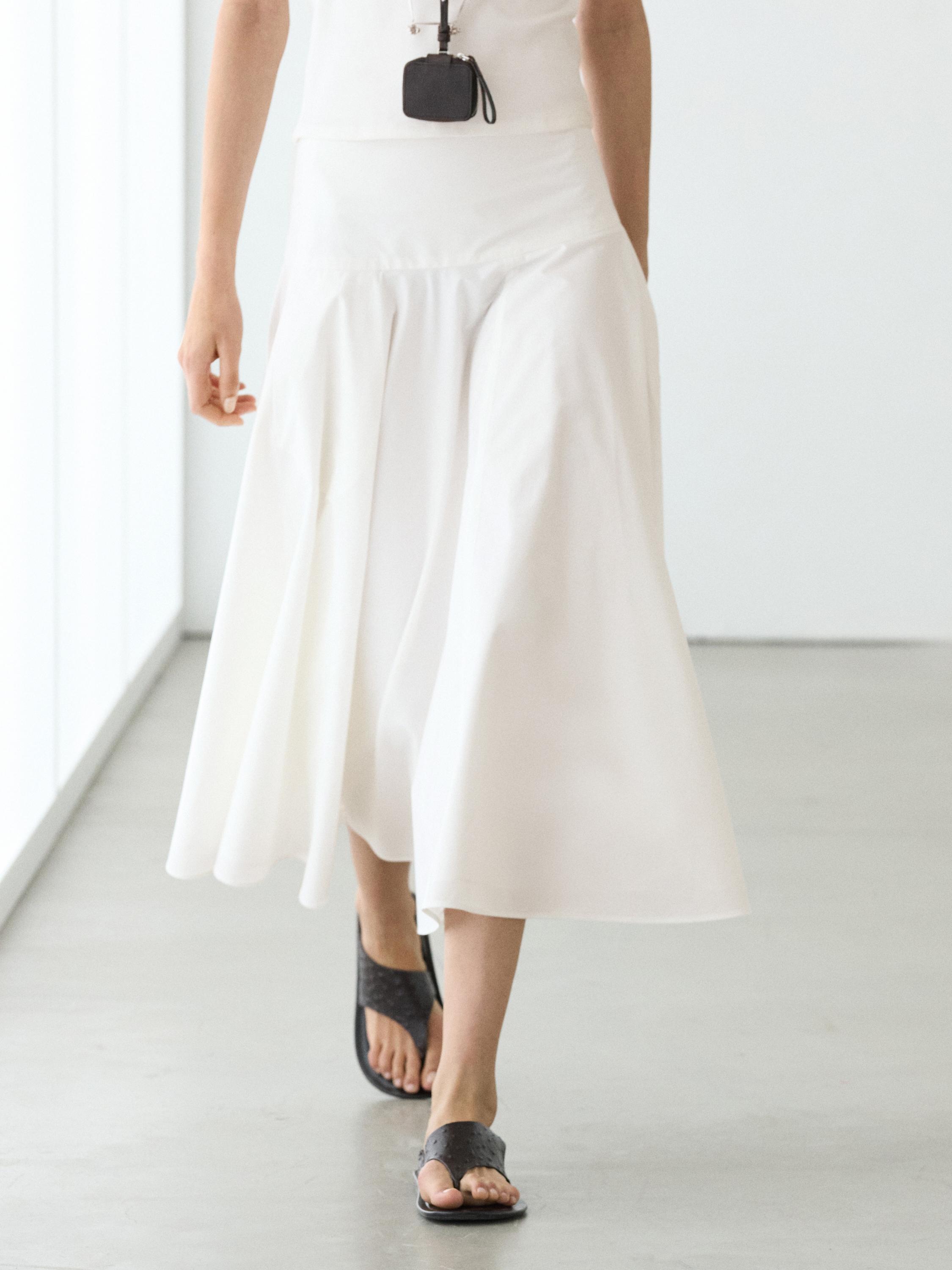 100% cotton midi skirt with yoke detail — White