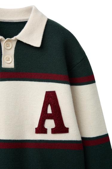 Zara VARSITY KNIT POLO - Green / Ecru