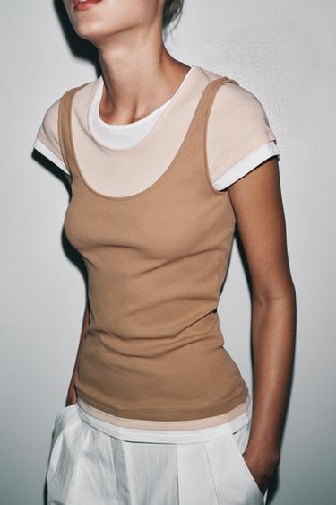 CONTRAST LAYERED T-SHIRT - Light brown by Zara - Image 2