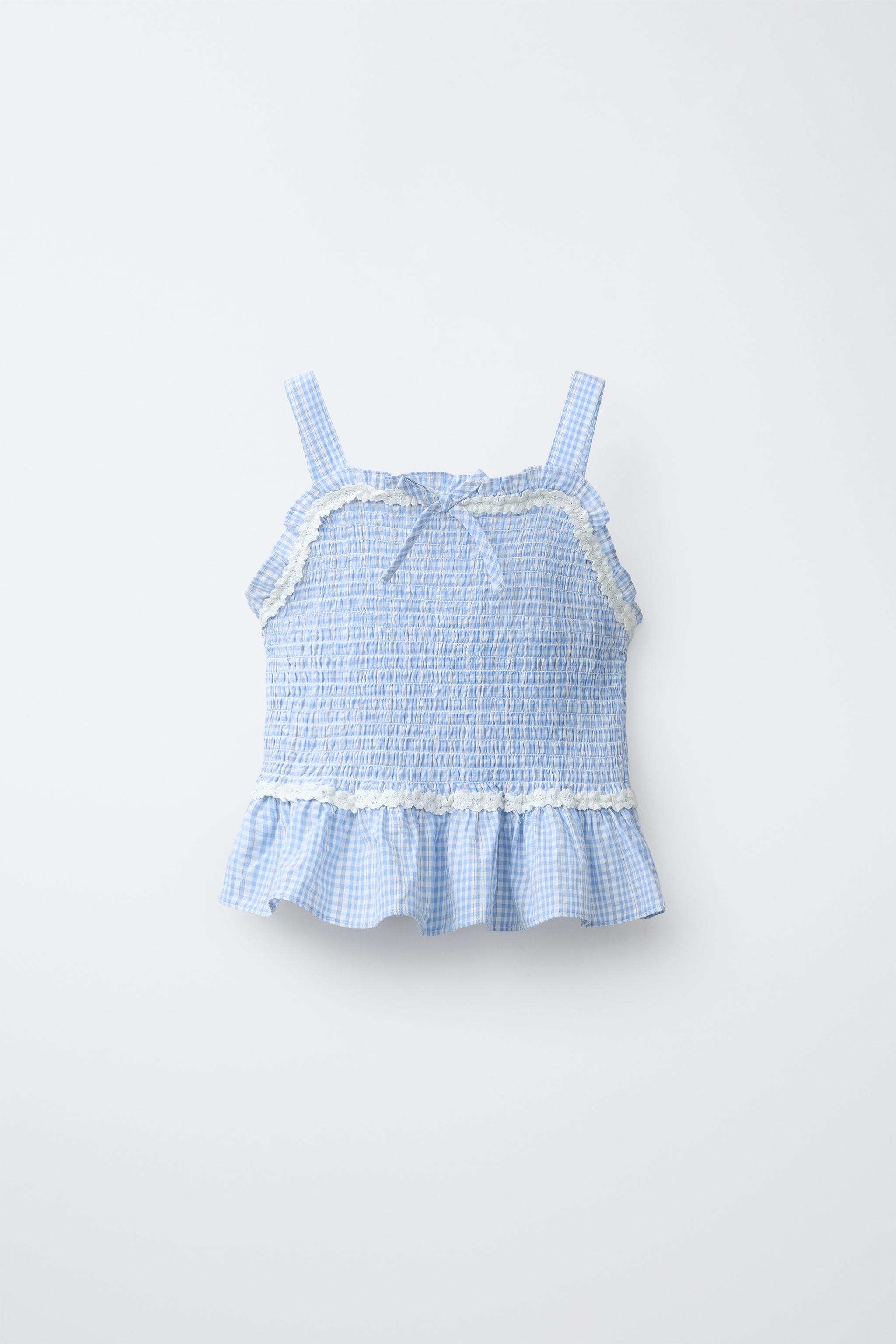 ELASTICIZED GINGHAM TOP - Blue / White | ZARA Canada