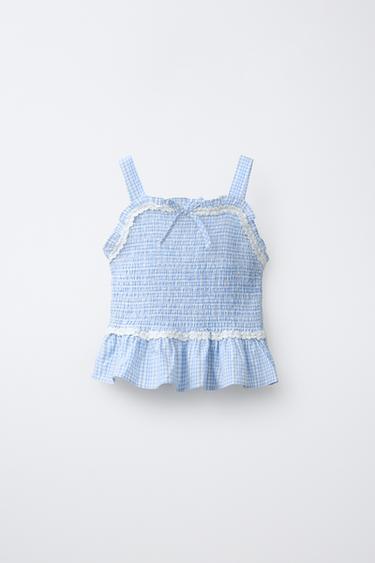 GINGHAM TOP WITH ELASTIC TRIMS - Blue/White by Zara - Image 0