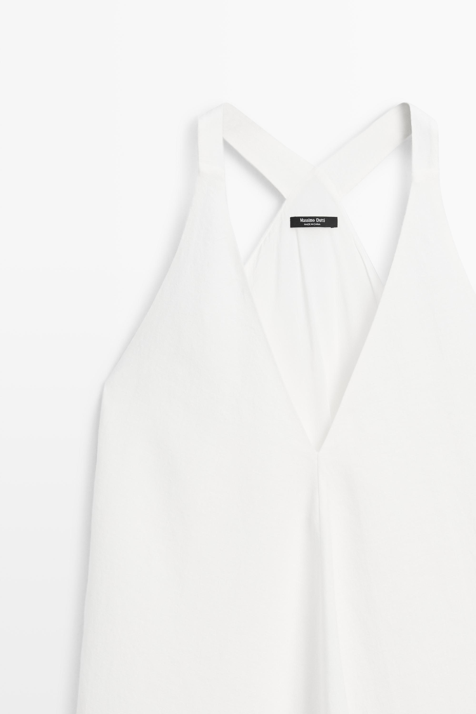 Linen blend midi dress with contrast stripe detail — White