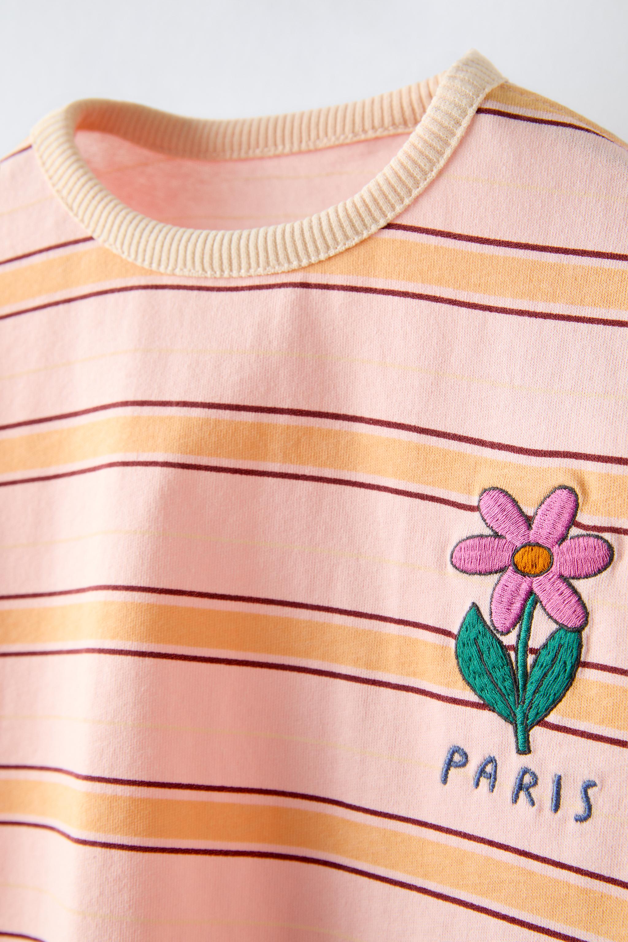 STRIPED EMBROIDERED T-SHIRT - Pink | ZARA Australia