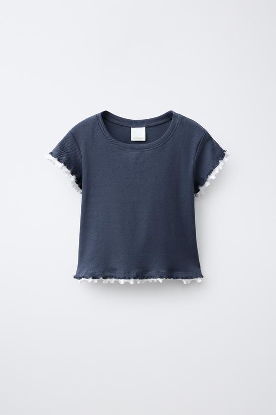 RIBBED T-SHIRT WITH LETTUCE-EDGE - Dark navy by Zara - Image 0