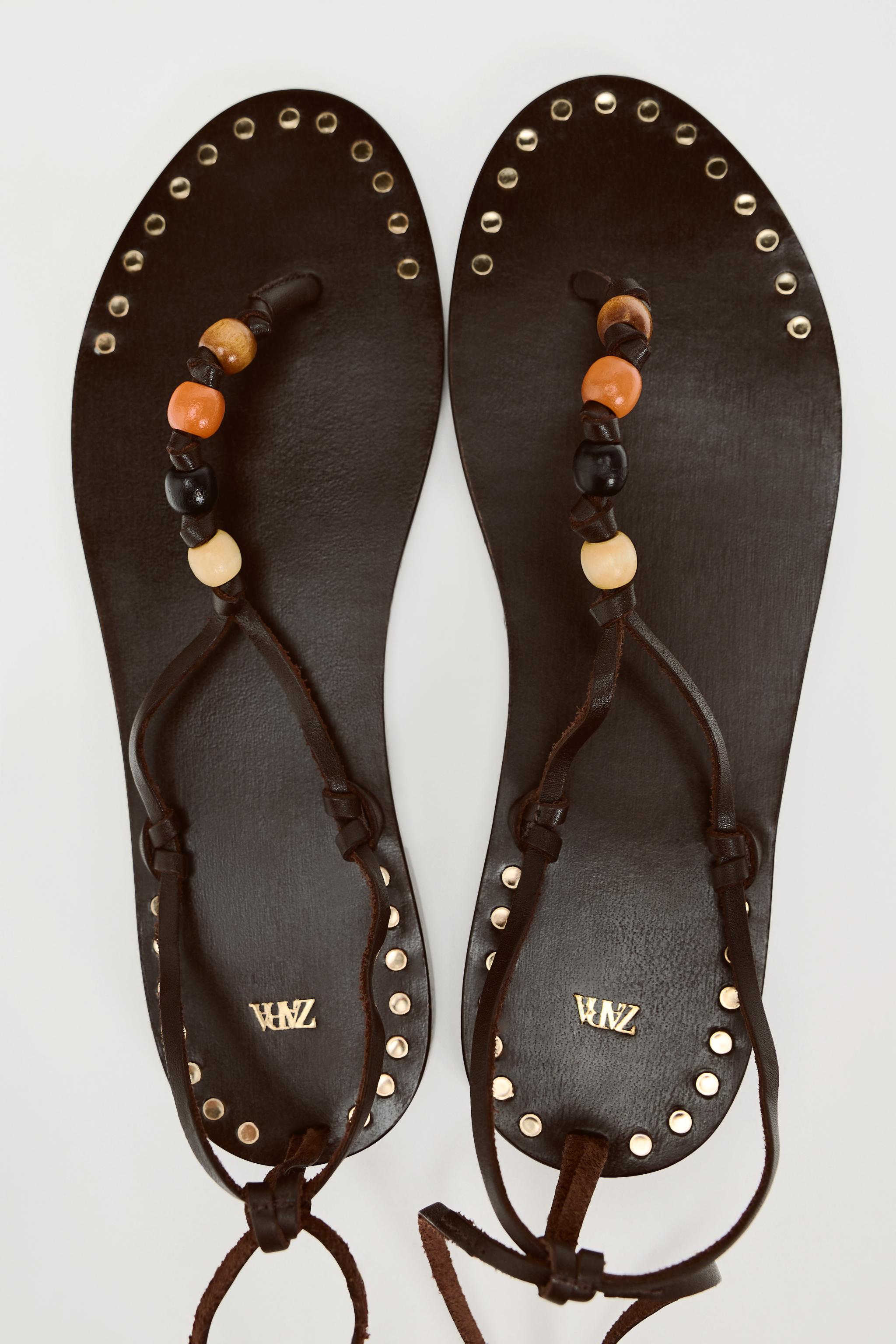 BEADED LACE UP LEATHER SANDALS