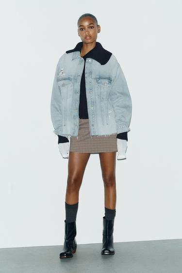 جاكيت قميصي DENIM TRF ستايل ممزّق - أزرق فاتح الخاص بـ Zara
