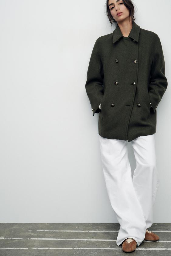 クロップド ダブルブレスト ウールブレンドコート - カーキ | ZARA 