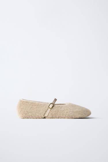 FAUX FUR BALLET FLATS - Beige by Zara - Image 0