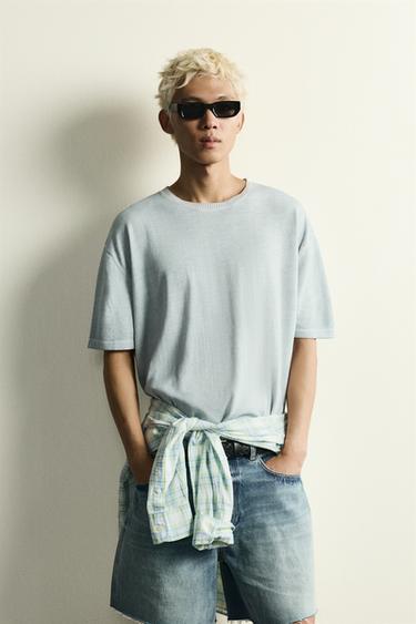 WASHED-EFFECT KNIT T-SHIRT - Faded sky blue by Zara