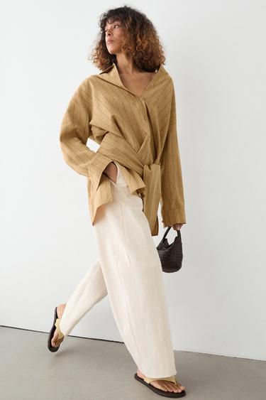 Zara Striped flowing shirt with corset belt detail - Mustard