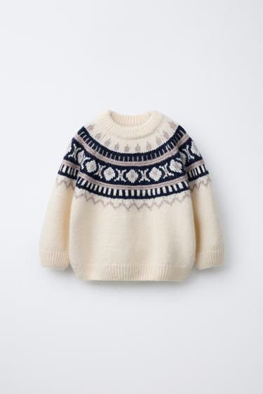 JACQUARD KNIT SWEATER - Ecru / Blue by Zara