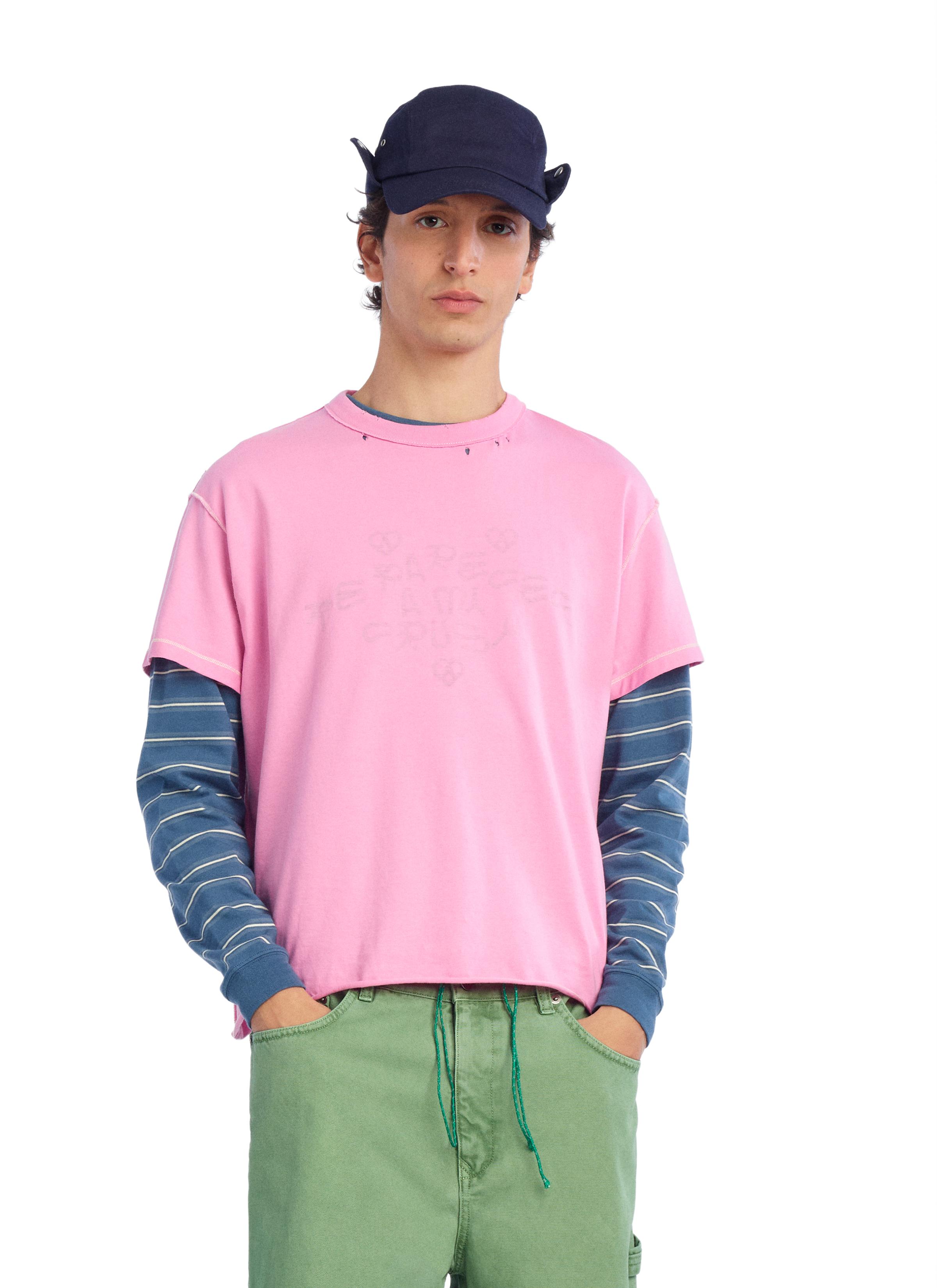WASHED CRUSH TEXT INSIDE-OUT EFFECT T-SHIRT — Pink