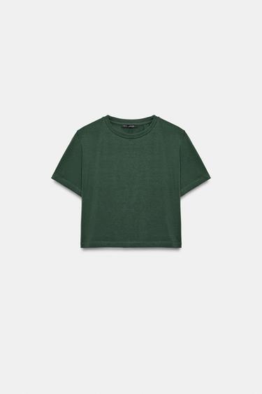 CAMISETA CROP MANGA CORTA - Khaki de Zara