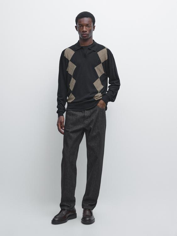 Wool blend argyle knit polo sweater