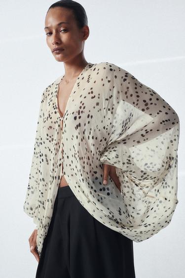 ZW COLLECTION PRINTED PUFF SLEEVE TOP - Ecru / Black by Zara