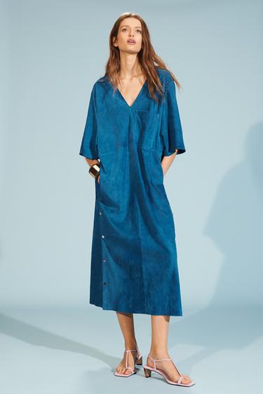 Zara LIMITED EDITION SUEDE KAFTAN DRESS - Duck blue