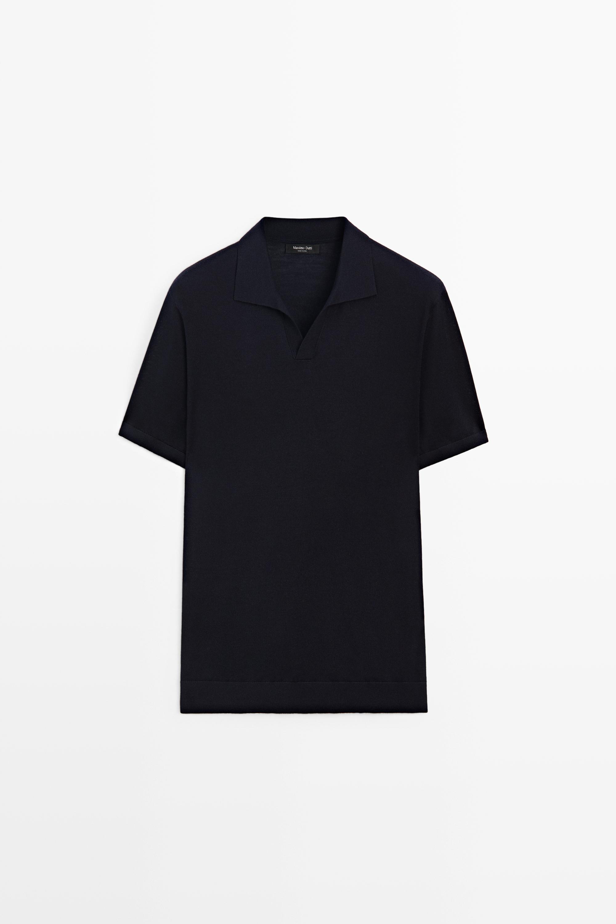 Short sleeve wool blend knit polo shirt — Navy blue