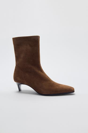 Zara SPLIT SUEDE KITTEN HEEL ANKLE BOOTS - Brown