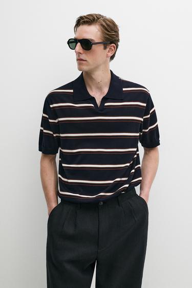 Zara Striped V-neck knit polo shirt - Navy blue