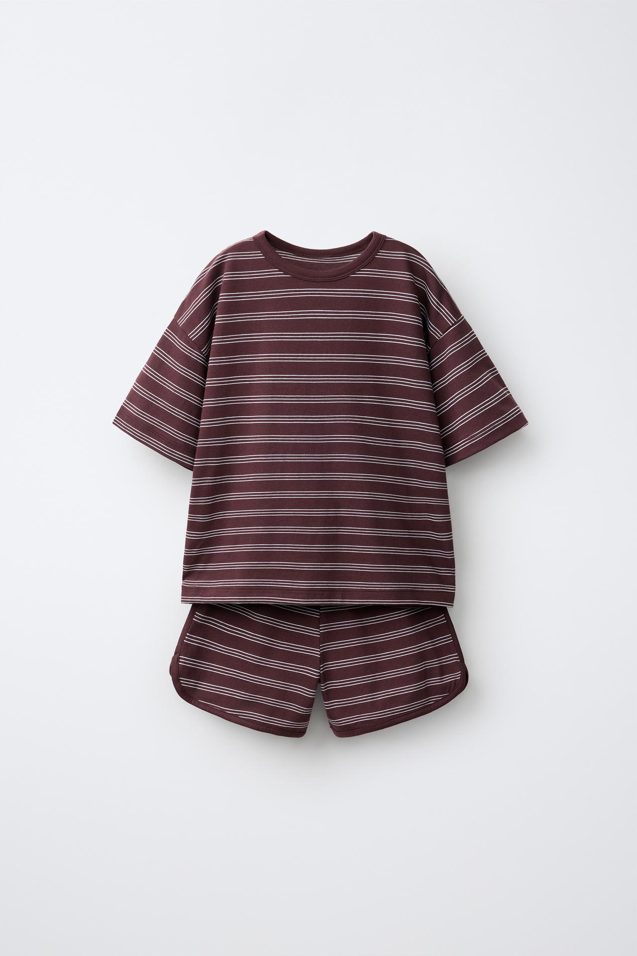 STRIPED T-SHIRT AND BERMUDA SHORTS JOGGING SET — Brown