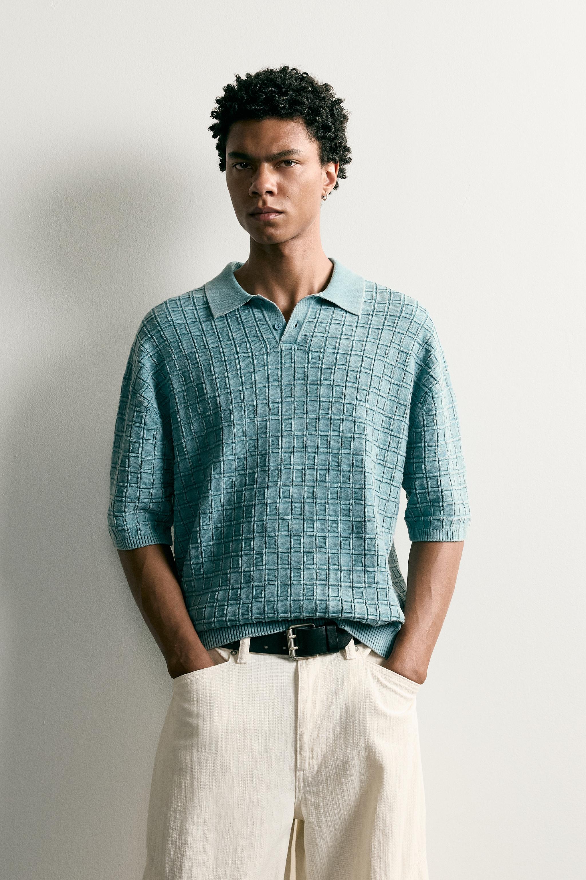 POLO EN MAILLE À CARREAUX EFFET DÉLAVÉ