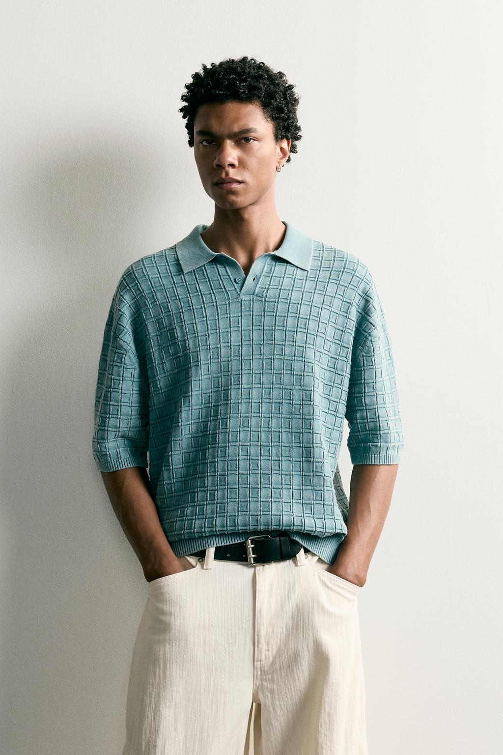 WASHED CHECKED KNIT POLO SHIRT