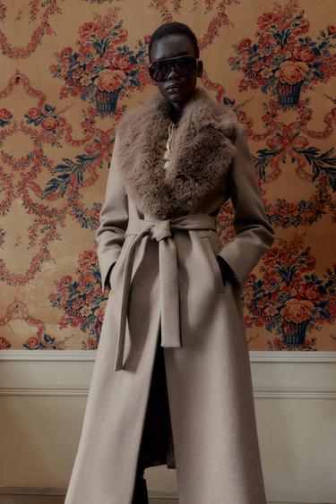 WOOL COAT WITH FAUX FUR LAPEL AND BELT - Light mink by Zara