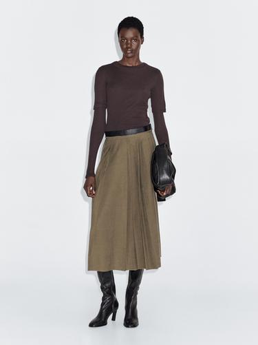 Jupe midi plissée taille contrastante - Vison de Zara - Image 0
