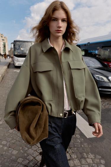 PLEATED HEM BOMBER JACKET - Khaki by Zara - Image 3