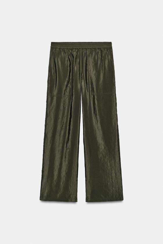 SATIN ELASTICATED WAIST TROUSERS - Khaki by Zara - Image 0