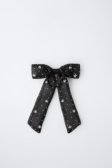 ORGANZA BEADED BOW SCRUNCHIE - Black by Zara