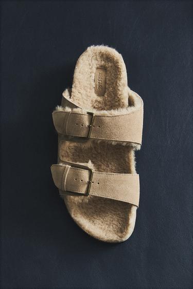 WARM SPLIT LEATHER DOUBLE-BUCKLE SANDALS - Ecru White by Zara