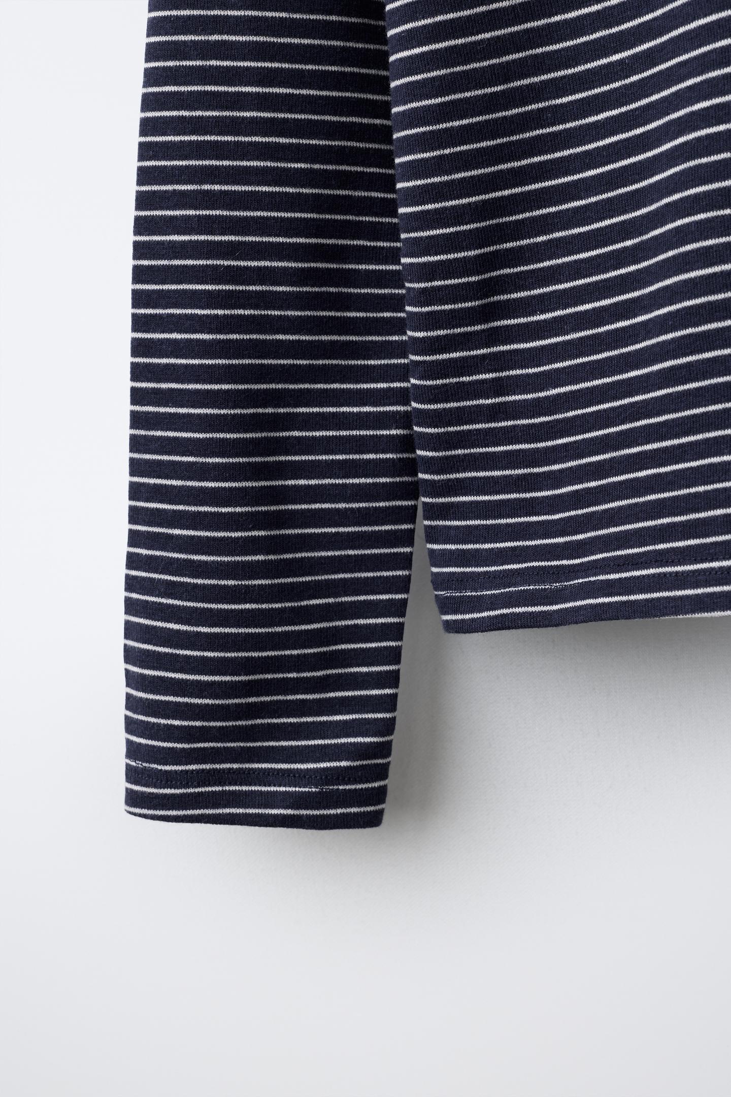 Детская футболка Zara Striped Cotton and Modal Turtleneck, цвет: Тёмно-синий — фото 4