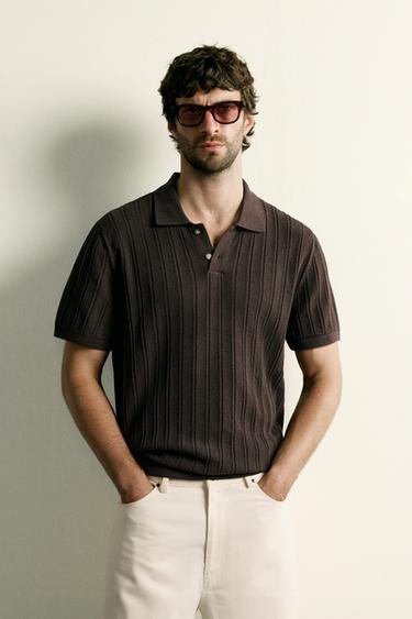 OPEN-KNIT TEXTURED POLO SHIRT - Chocolate by Zara