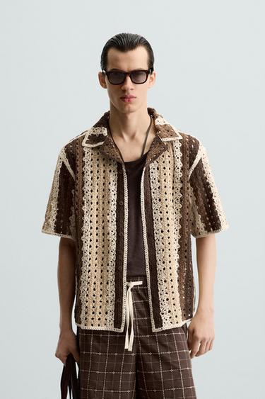 Zara CROCHET TEXTURED SHIRT - Ecru / Brown