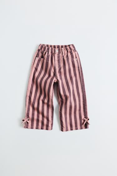 Zara 條紋蝴蝶結裝飾寬管牛仔褲 - 深粉紅色