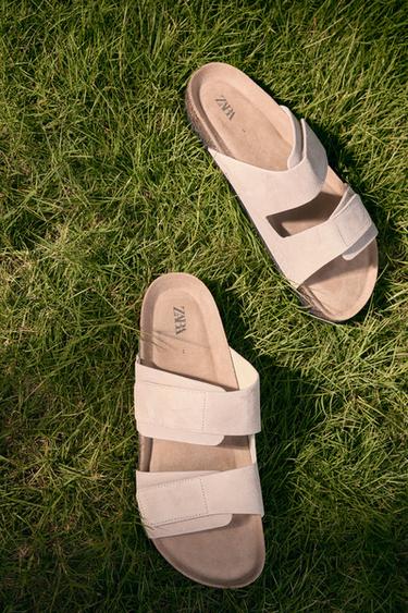 Zara 雙帶真皮涼鞋 - 米白色