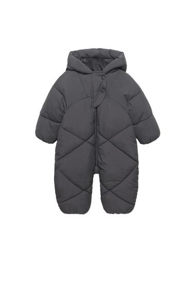 Front view of a dark grey padded onesie with a hood and button fastening.