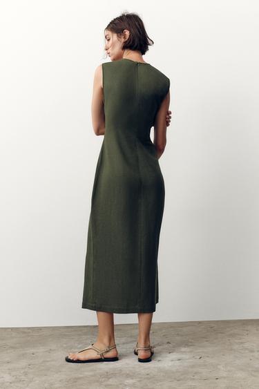 LINEN BLEND MIDI DRESS WITH BELT - Dark khaki by Zara - Image 4